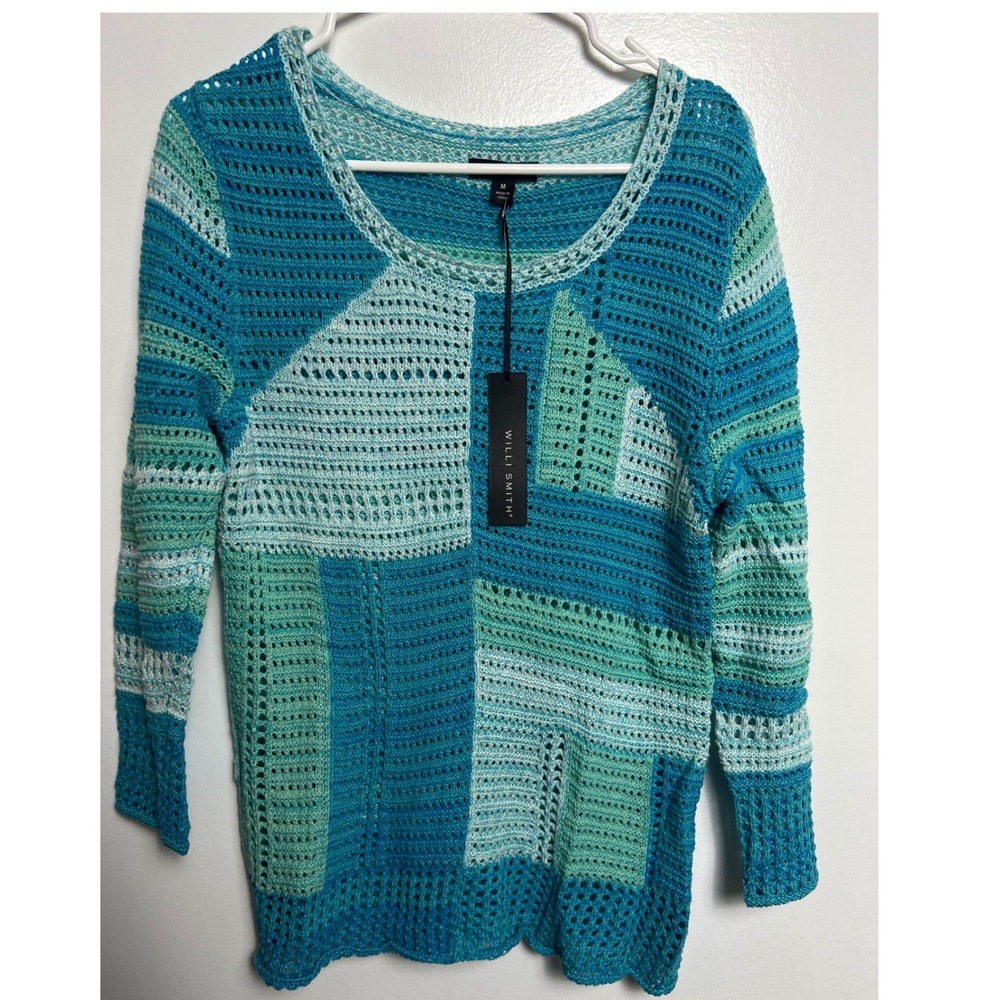 Willi Smith Women Blu Green Patchwork Crochet Knit Cotton Sweater M NEW Eclectic